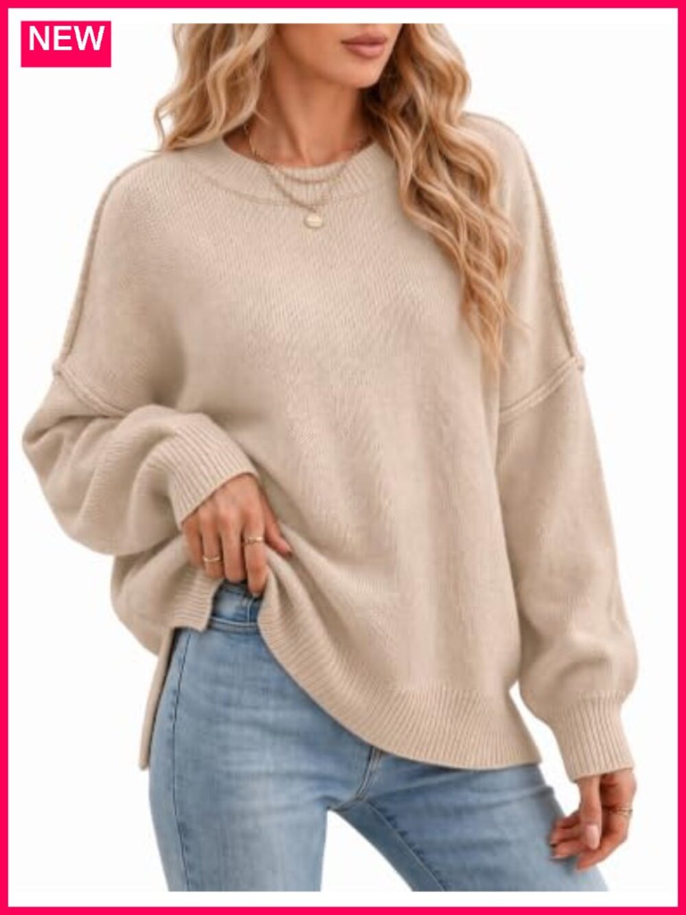 Oversized Batwing Sweater Acrylic Polyamide Crew Neck Pullover